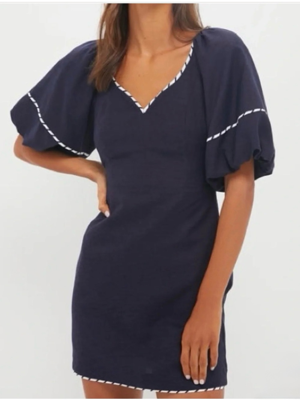 Tuckernuck HYACINTH HOUSE Navy with Striped Piping Keel Mini Dress S Puff sleeve